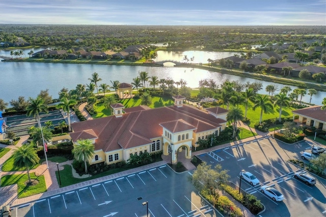 bird's eye view with a water view