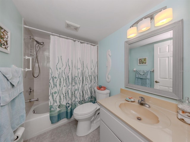 full bathroom featuring shower / bathtub combination with curtain, vanity, tile patterned flooring, and toilet