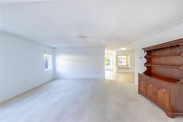 empty room with crown molding and light colored carpet