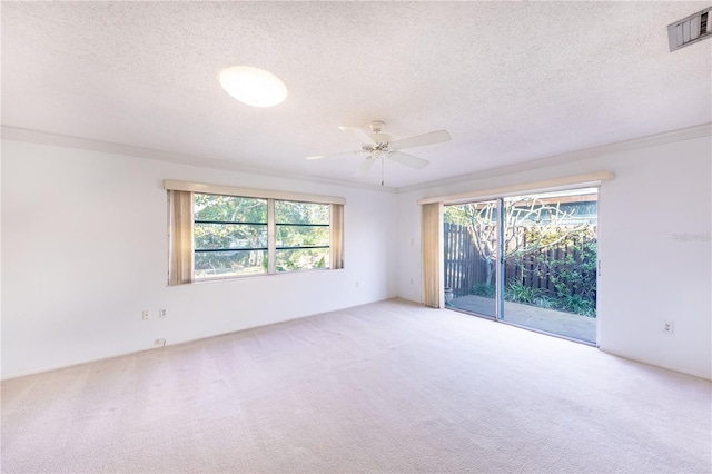 spare room with light colored carpet, ornamental molding, and a textured ceiling