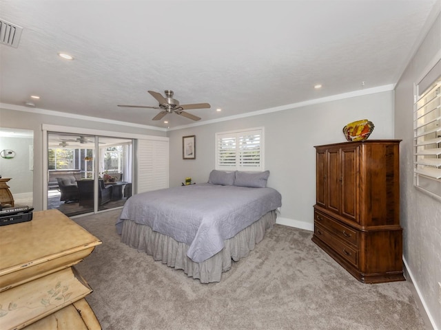 carpeted bedroom with access to exterior, ornamental molding, and ceiling fan