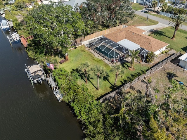 drone / aerial view featuring a water view