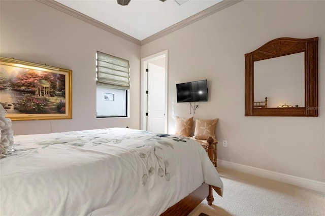 bedroom featuring ornamental molding and carpet floors