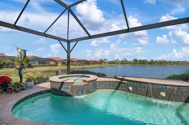 view of swimming pool featuring an in ground hot tub, a water view, pool water feature, and a lanai