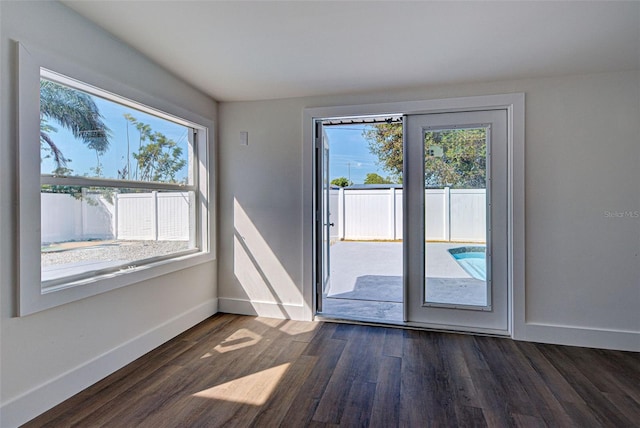 spare room featuring a healthy amount of sunlight and dark hardwood / wood-style flooring