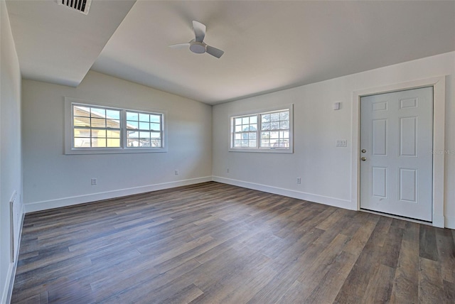 entryway featuring dark hardwood / wood-style flooring, lofted ceiling, and ceiling fan