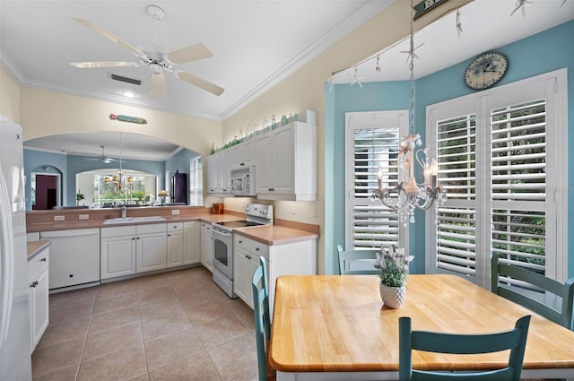 kitchen featuring sink, white cabinets, white appliances, and kitchen peninsula