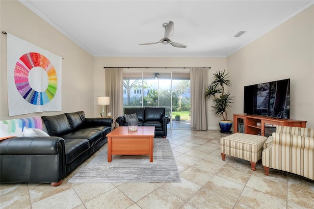 tiled living room featuring ornamental molding, visible vents, and ceiling fan