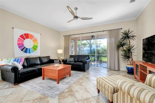 living room featuring light tile patterned floors, visible vents, and a ceiling fan