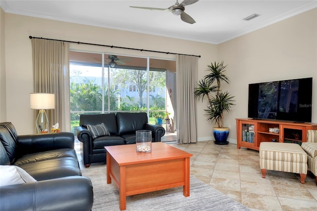 living area featuring light tile patterned floors, baseboards, visible vents, ceiling fan, and crown molding