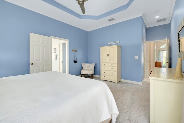 bedroom with light carpet, baseboards, visible vents, and crown molding