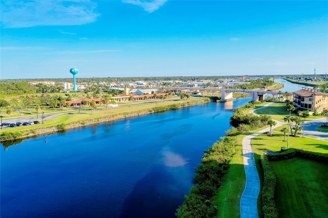 drone / aerial view featuring a water view