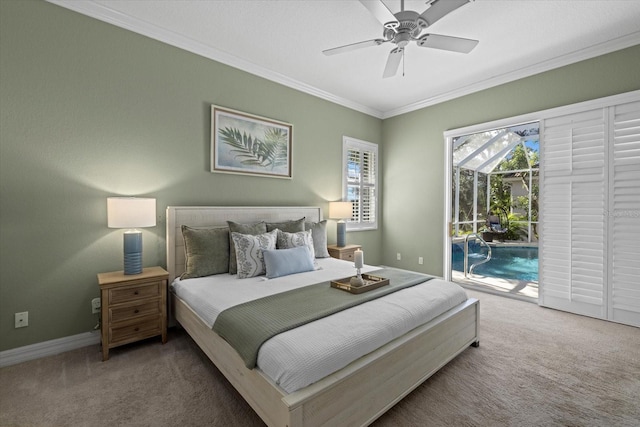 carpeted bedroom featuring ornamental molding, access to outside, and ceiling fan