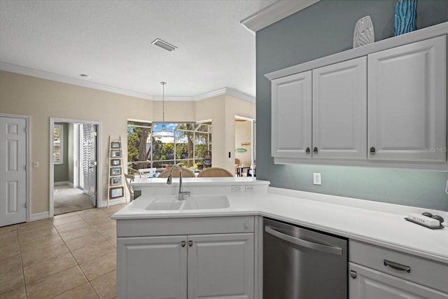 kitchen with white cabinetry, pendant lighting, and stainless steel dishwasher