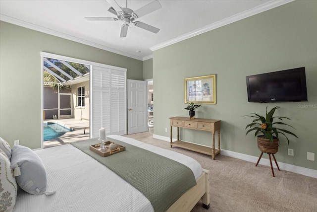 carpeted bedroom featuring access to exterior, crown molding, and ceiling fan