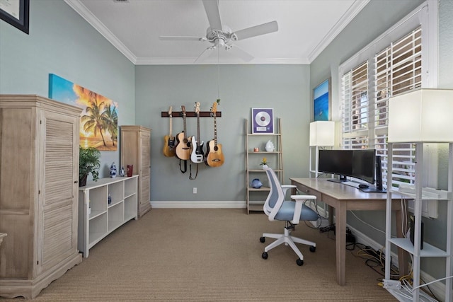 office area featuring crown molding, light colored carpet, and ceiling fan