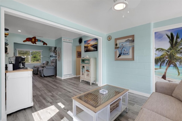 living room with baseboards and light wood-style floors