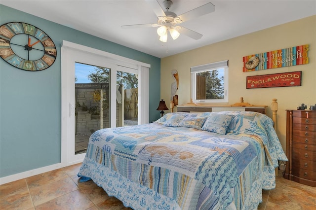 bedroom featuring baseboards, ceiling fan, and access to exterior