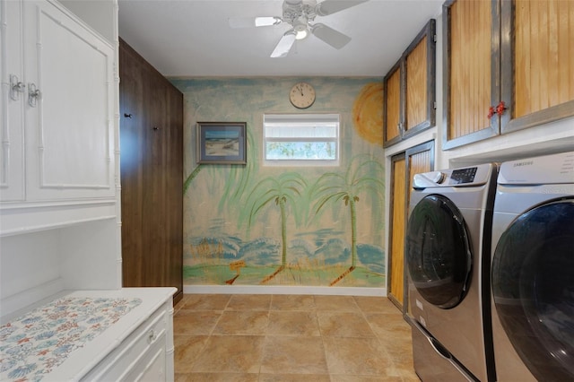 clothes washing area with separate washer and dryer, a ceiling fan, baseboards, cabinet space, and wallpapered walls