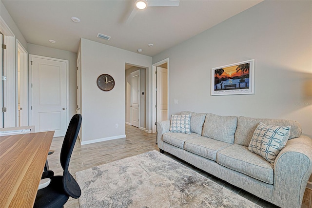 office area featuring ceiling fan and light hardwood / wood-style flooring