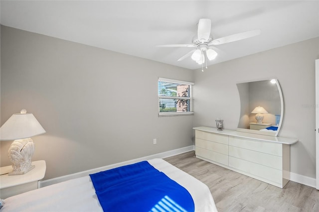 bedroom with light hardwood / wood-style flooring and ceiling fan