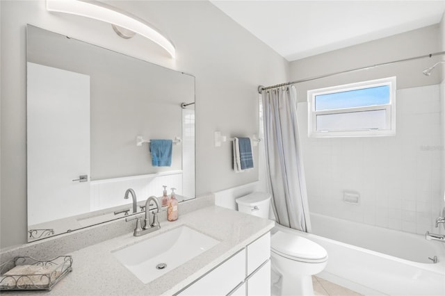 full bathroom with shower / bath combination with curtain, vanity, toilet, and tile patterned flooring