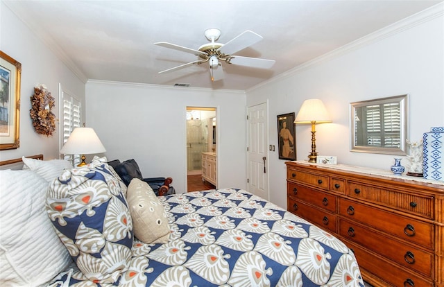 bedroom featuring crown molding, ceiling fan, and connected bathroom