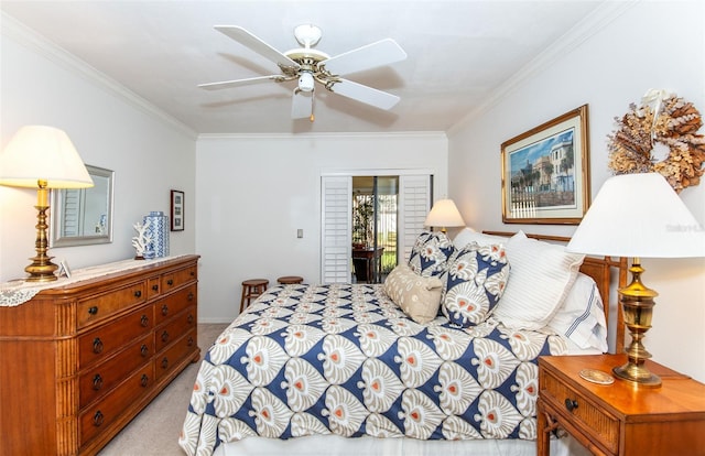 bedroom with light carpet, access to exterior, crown molding, and ceiling fan