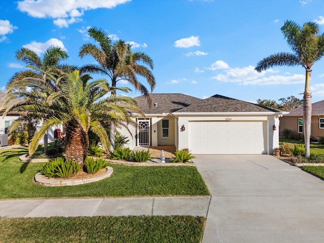 single story home featuring a garage and a front yard