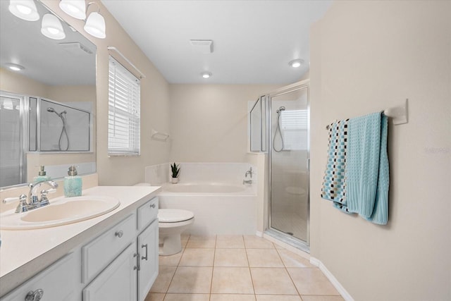 full bathroom with vanity, plus walk in shower, tile patterned floors, and toilet