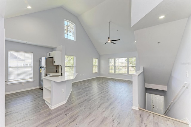 kitchen featuring sink, stainless steel fridge, kitchen peninsula, light hardwood / wood-style floors, and white cabinets