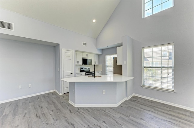 kitchen with stainless steel appliances, light hardwood / wood-style flooring, white cabinets, and kitchen peninsula