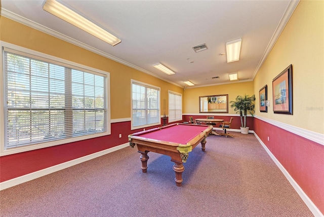 recreation room featuring crown molding, carpet flooring, and pool table