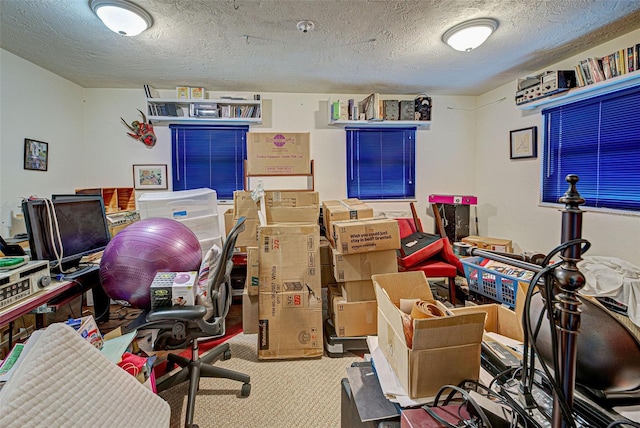 carpeted office space featuring a textured ceiling