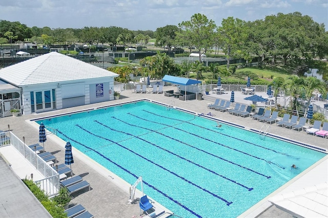 view of swimming pool featuring a patio