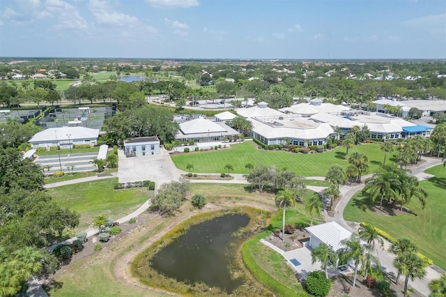 bird's eye view with a water view