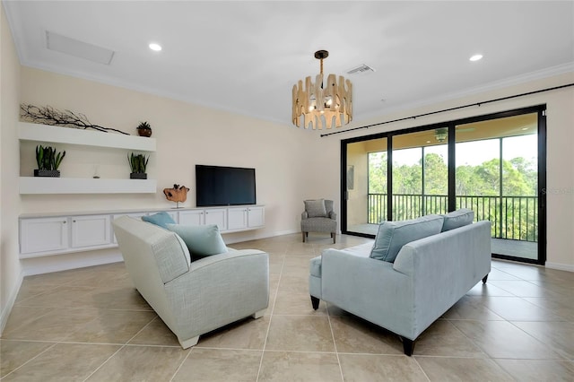 living room featuring ornamental molding, light tile patterned floors, and a chandelier