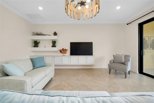 living room with light tile patterned flooring and ornamental molding