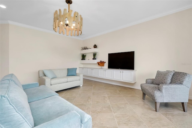 living room with a notable chandelier, light tile patterned floors, and ornamental molding