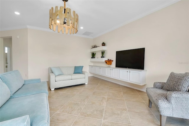 living room with light tile patterned flooring, ornamental molding, and a notable chandelier