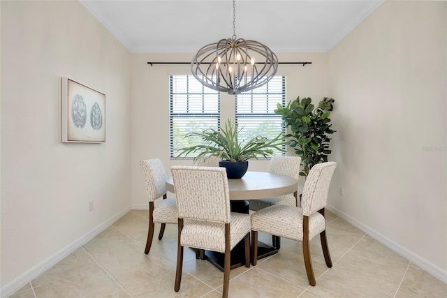 tiled dining room with crown molding and a notable chandelier