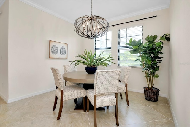 tiled dining room featuring ornamental molding and a notable chandelier