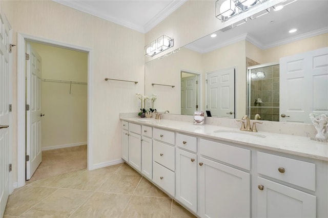 bathroom with crown molding, vanity, an enclosed shower, and tile patterned flooring