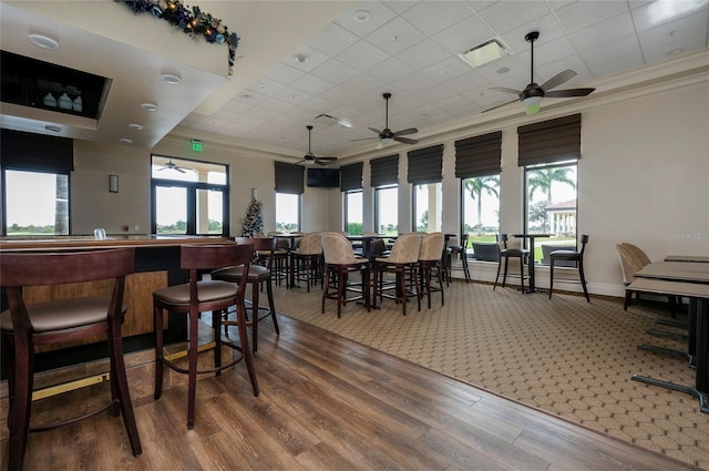 dining area featuring hardwood / wood-style floors, crown molding, and a wealth of natural light