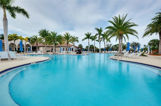 view of swimming pool with a patio area