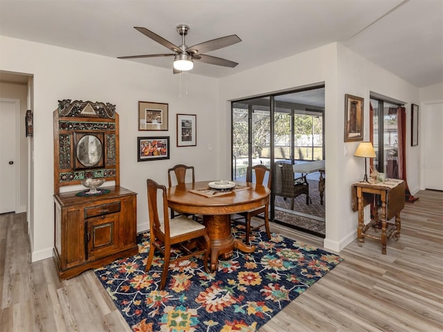 dining space with ceiling fan and light wood-type flooring