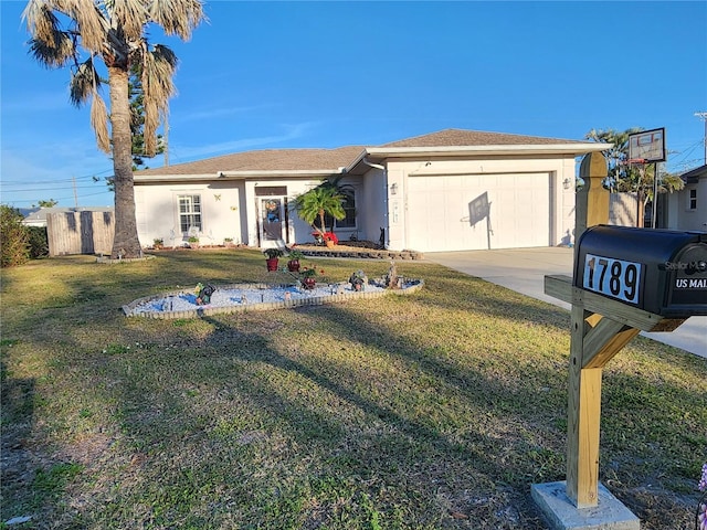 single story home with a garage and a front lawn