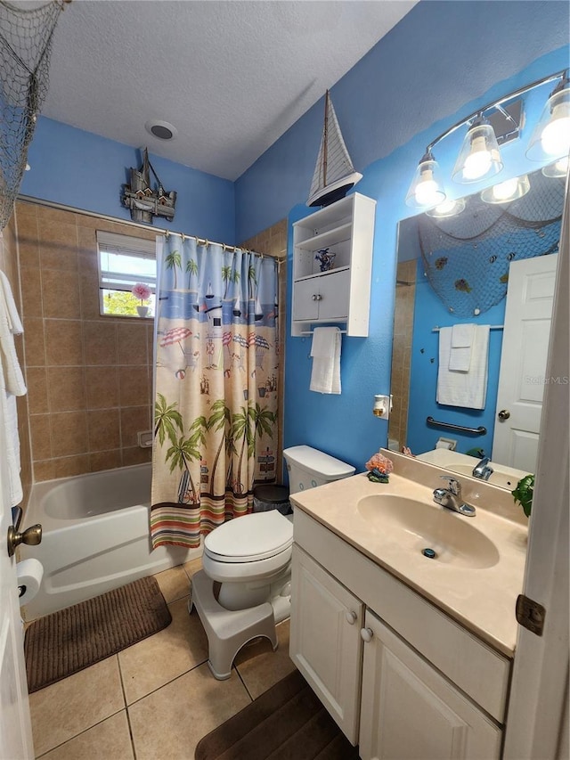 full bathroom with tile patterned flooring, vanity, toilet, a textured ceiling, and shower / bath combo with shower curtain