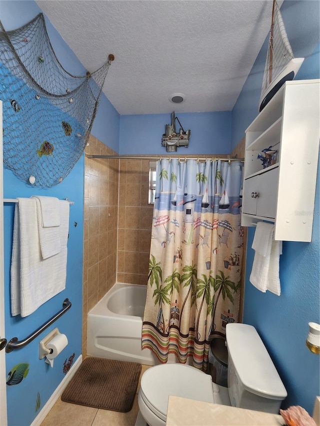 bathroom featuring tile patterned flooring, toilet, a textured ceiling, and shower / bathtub combination with curtain