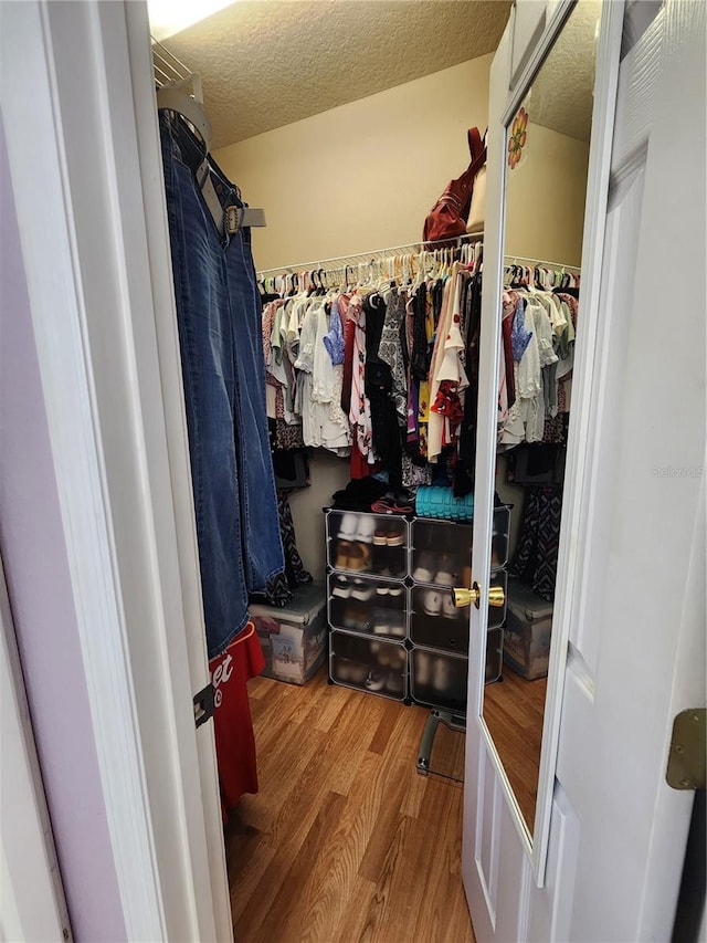 walk in closet with wood-type flooring